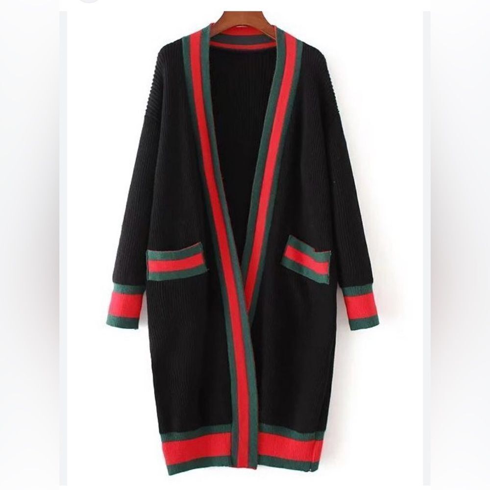 Black Open-Front Long Cardigan with Red & Green Trim